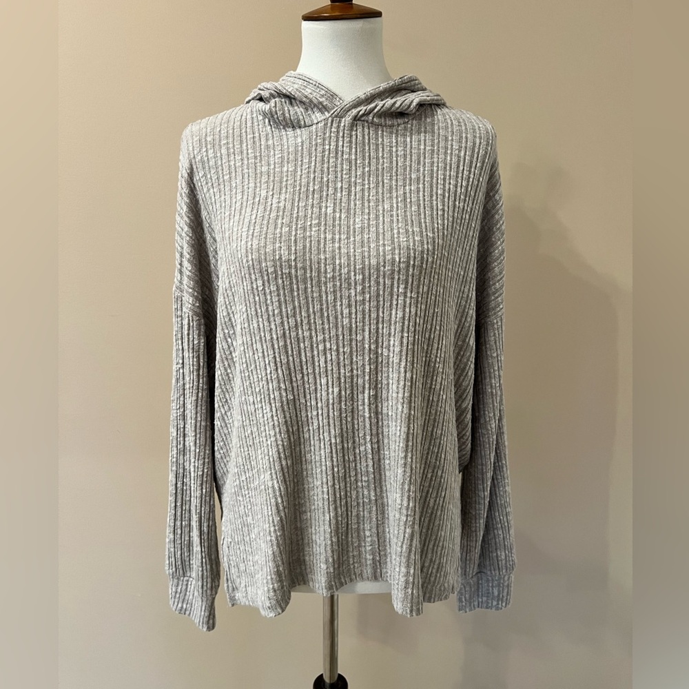 AE American Eagle Cozy Rib Hoodie Light Gray Soft Knit Lounge Sweater (02)